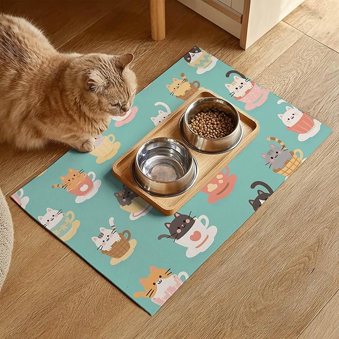 Cat Feedings Mats 20x12 inch Teacup Cat Print Pet Bowl Placemat Non Slip Mat - Image 2
