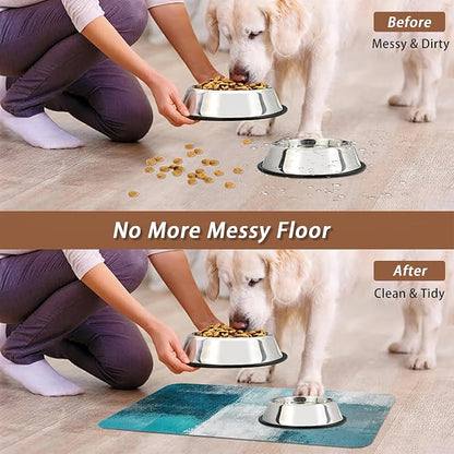 Turquoise Grey Dog Cat Food Mat, Teal Modern Art Absorbent Pet Feeding Mat - Image 5