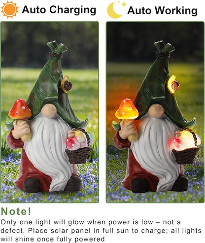 Gnome Solar Garden Statue with 3 LED Lights, Mushroom-Picking Gnome Statue - Image 2