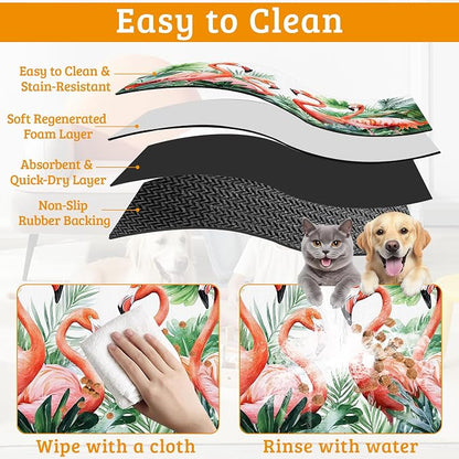 Pink Flamingo Dog Food Mat, Plam Leaves Absorbent Pet Feeding Mat - Image 5