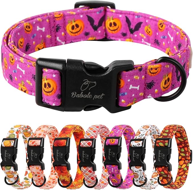 Halloween Dog Collar, Cute Pumpkin Bat Pattern Halloween Purple Puppy Collar by Babolepet