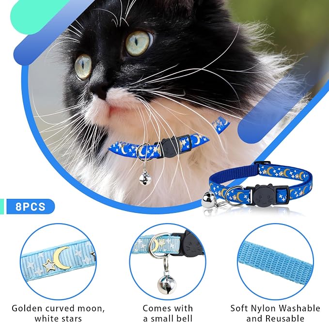 8 PCS Cat Collars with Bell Moons Stars, Reflections Cat Collar with Bells - Image 2
