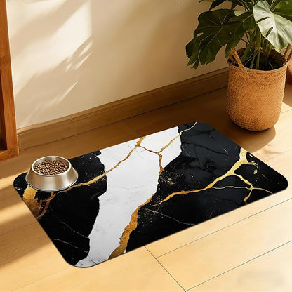 Black Gold Marble Dog and Cat Food Mat, Absorbent Feeding Placemat, Waterproof by QSOQSO