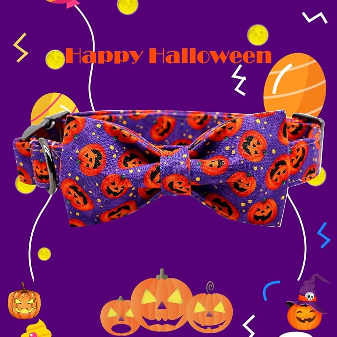 Dog Collar - Halloween Pumpkin Bowtie Pet Collar Gift Soft Bow Collar Pet - Image 3