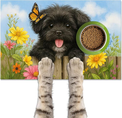Spring Pet Feeding Mat 24" x 16"Puppy and Butterfly Floral Garden Design Non by HOMETITUTE