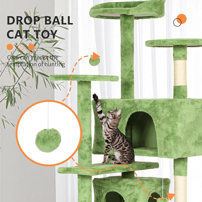 BestPet | 70" Cat Tree Tower | Green | Sturdy, Hanging Cat Toys, Observation - Image 3