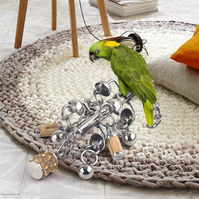 KATUMO Large Bird Toys, Natural Wooden and 304 Stainless Steel Bell Toy - Image 5