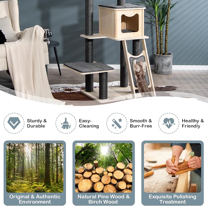 PETSITE 69-inch Tall Wooden Cat Tree Tower, Modern Cat Activity Center Tree - Image 5