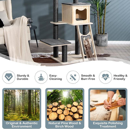 PETSITE 69-inch Tall Wooden Cat Tree Tower, Modern Cat Activity Center Tree - Image 5