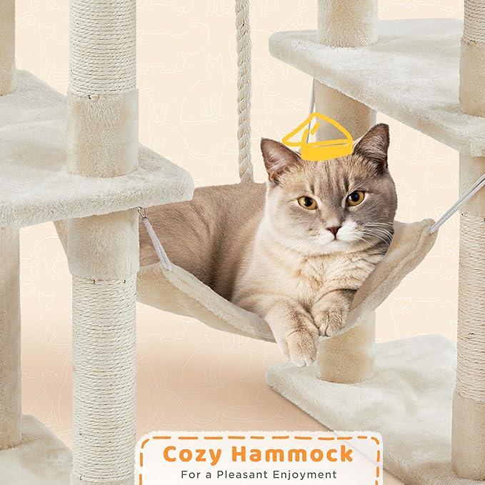 Yaheetech Cat Tree, 82.5in Large Tower w/Hammock, 2 Kitty-Ear Perches, 2 Cozy - Image 7