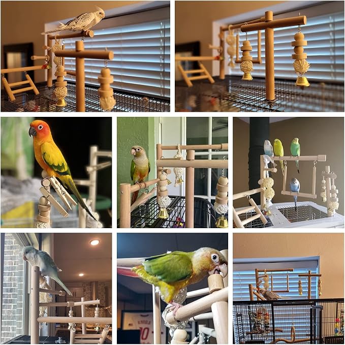 QBLEEV Bird Cage Play Stand Toy Set-Birdcage Wood Stands Hanging Chew Toys - Image 6