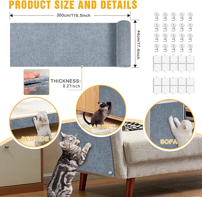 Cat Scratch Mat, 118.5"x17.4" Trimmable Self-Adhesive Cat Scratch Furniture - Image 2