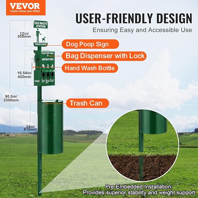 VEVOR Dog Waste Station with Hand Wash Bottle, 11.5 Gallons Pet Waste Bin with - Image 2