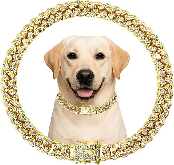 Dog Chain Designer Gold Crystal Pet Collar Cuban Link Chain by Unknown
