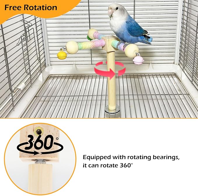 Bird Stand Perch Toy with Bells, Interactive Spinning Parakeet Toys, Wooden - Image 3