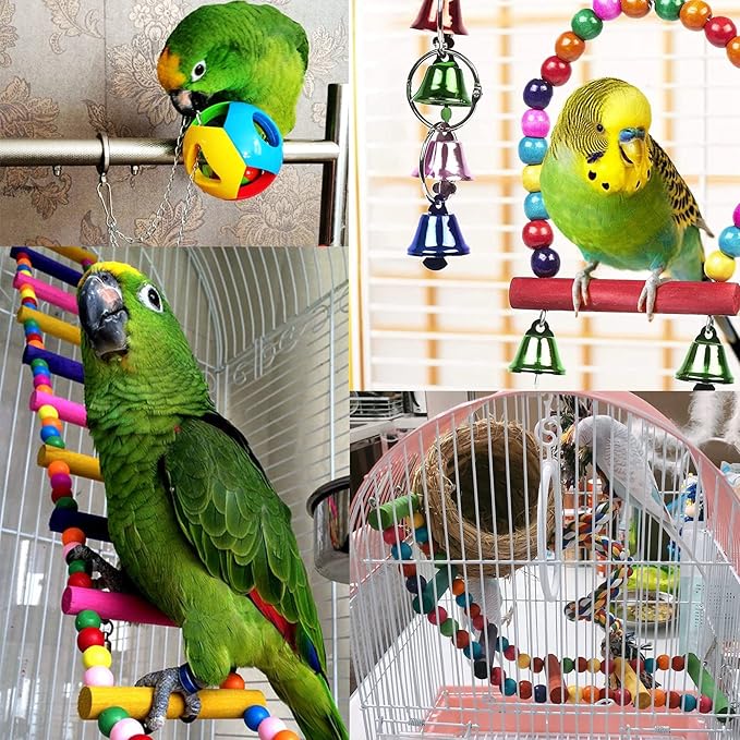 Hamiledyi Bird Parrot Swing Chewing Toy Set 15PCS Wooden Hanging Bell - Image 5
