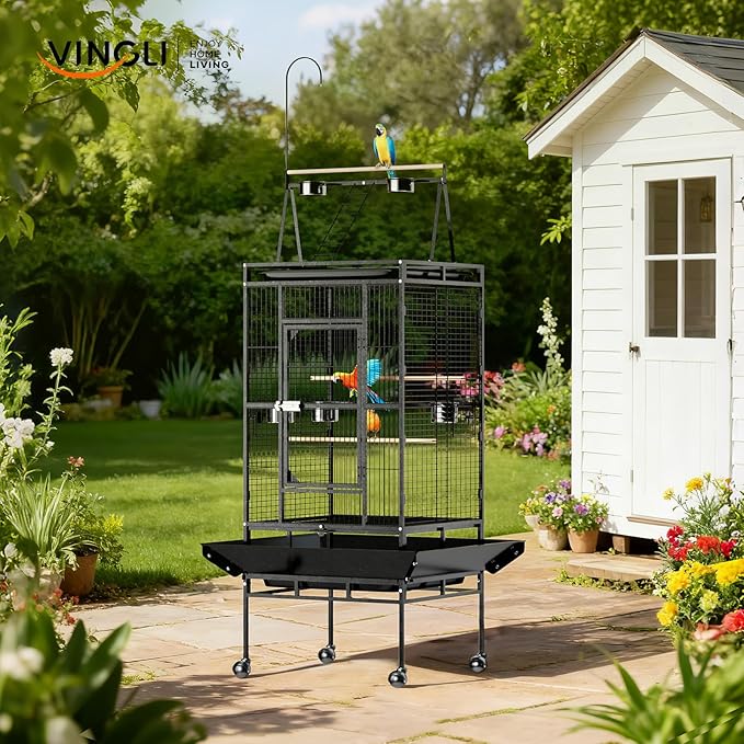 VINGLI 83 Inch Bird Cage with Play Top, Large Wrought Iron Bird Cage with Wheels - Image 2
