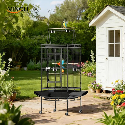 VINGLI 83 Inch Bird Cage with Play Top, Large Wrought Iron Bird Cage with Wheels - Image 2