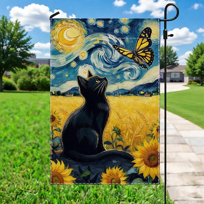 Spring Summer Garden Flag Van Gogh Starry Night Black Cat Banner - Image 2