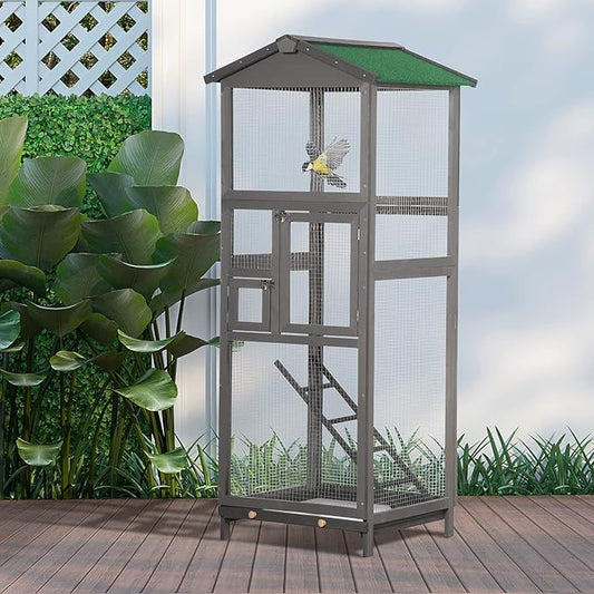 PawHut 65" Wooden Bird Cage Outdoor Aviary House - Image 2