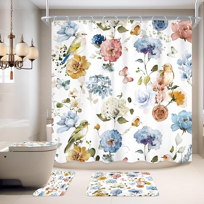 4 PCS Blue Floral Birds Bathroom Set by Ufeela