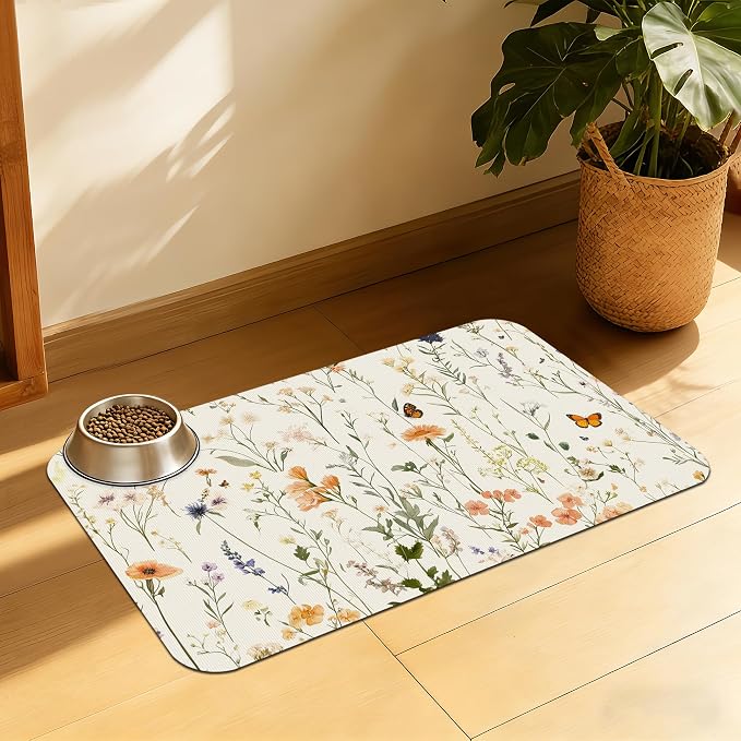 Vintage Wildflowers Herbs Pet Feeding Mat, Absorbent Bowl Pad, Quick Dry by QSOQSO