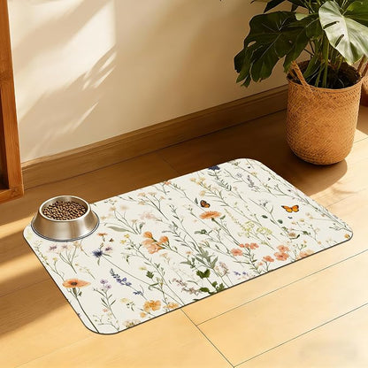 Vintage Wildflowers Herbs Pet Feeding Mat, Absorbent Bowl Pad, Quick Dry by QSOQSO