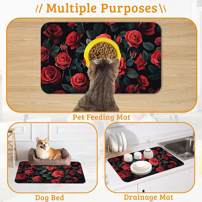Retro Rose Feeding Mat, Non-Slip Rubber Backing Mat, Cat Dog Accessories - Image 7