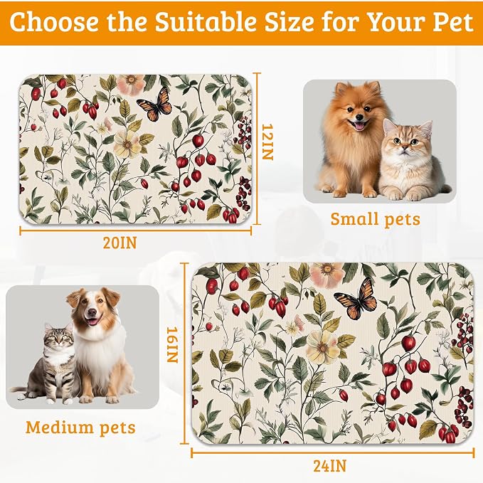 Butterfly Flower Dog Food Mat, Vintage Berry Absorbent Pet Feeding Mat - Image 6