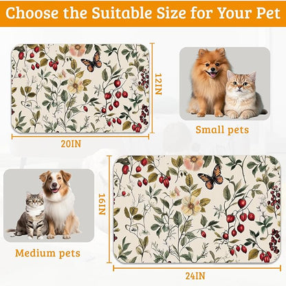Butterfly Flower Dog Food Mat, Vintage Berry Absorbent Pet Feeding Mat - Image 6