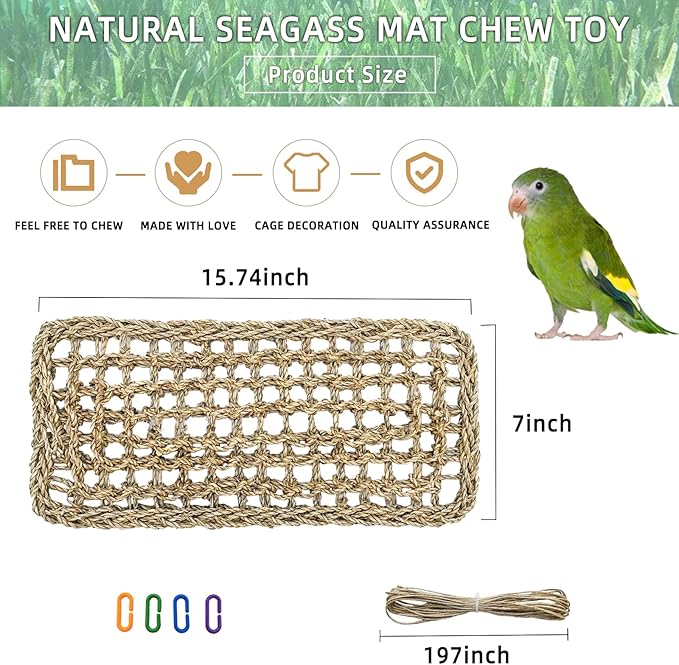 Bird Seagrass Mat 16 × 7" Parrot Natural Grass Woven Net Hammock Parakeet - Image 2