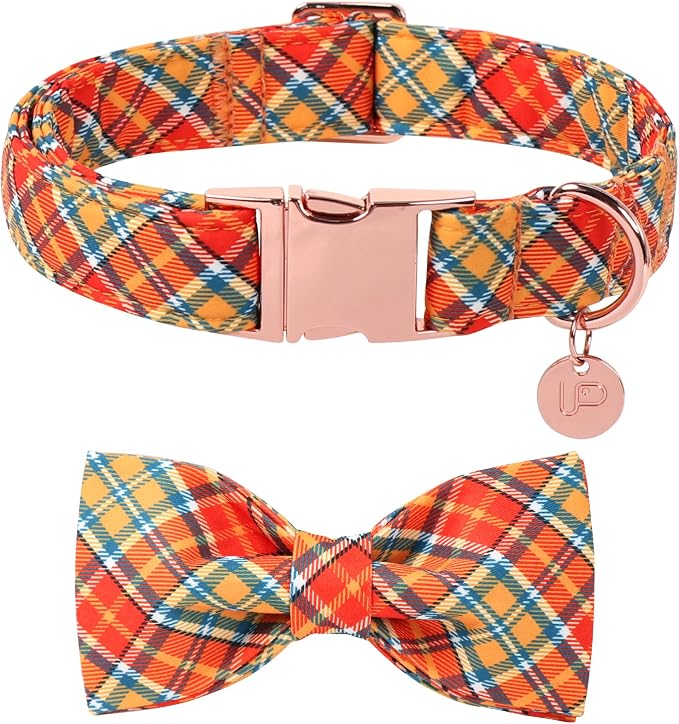 Autumn Plaid Dog Collar and Bow Tie Set – Orange Yellow Checkered Adjustable by UPURARAPUP