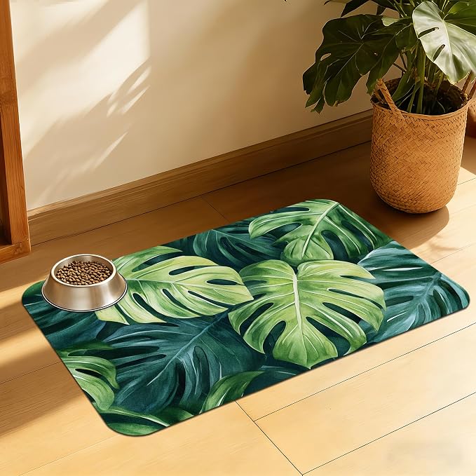 Tropical Palm Leaves Pet Feeding Mat, Absorbent Quick-Dry Dog Cat Bowl Mat by QSOQSO