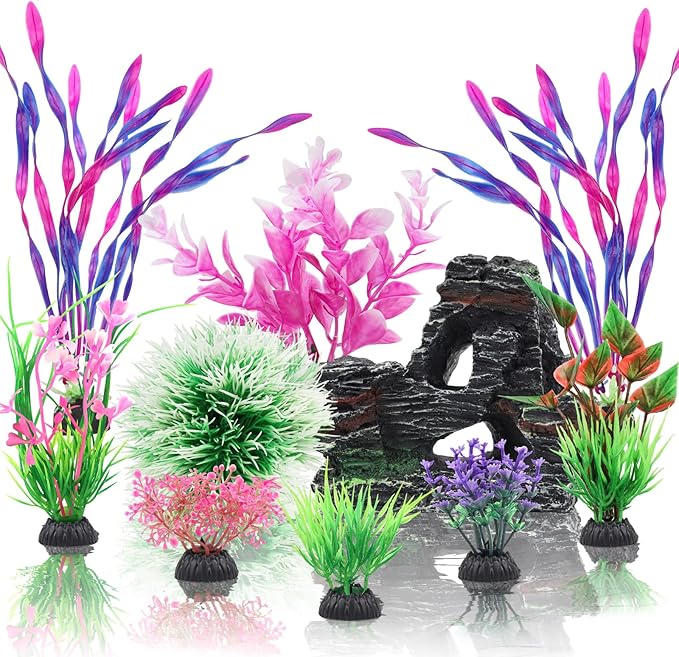 Fish Tank Accessories, Aquarium Fish Tank Plastic Plants and Cave Rock by QUOZUO