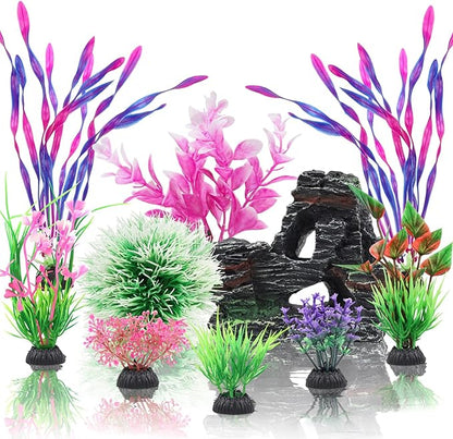 Fish Tank Accessories, Aquarium Fish Tank Plastic Plants and Cave Rock by QUOZUO