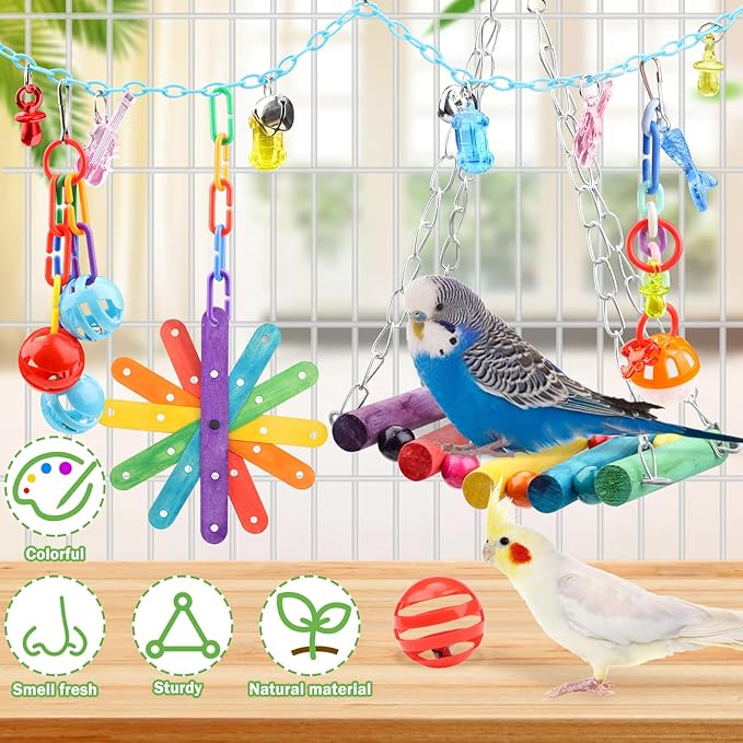 9 Pcs Parakeet Cockatiel Bird Toys, Parrots Cage Accessories Swing Rope Hanging - Image 3