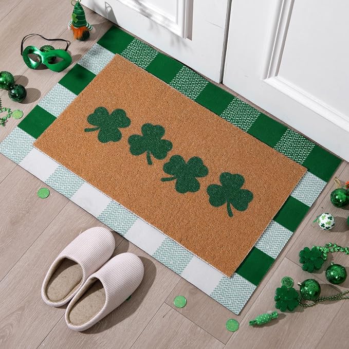 Tinideya 2 Pcs St. Patrick's Day Door Mat Shamrock Welcome Non Slip Green and - Image 4