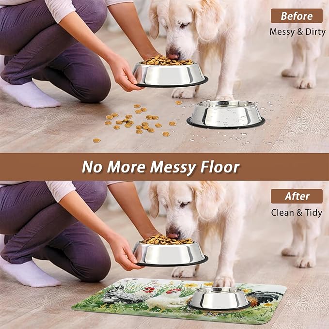 Chicken Rooster Dog Food Mat for Floors, Farm FlowerAbsorbent Pet Food and - Image 5