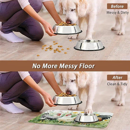 Chicken Rooster Dog Food Mat for Floors, Farm FlowerAbsorbent Pet Food and - Image 5