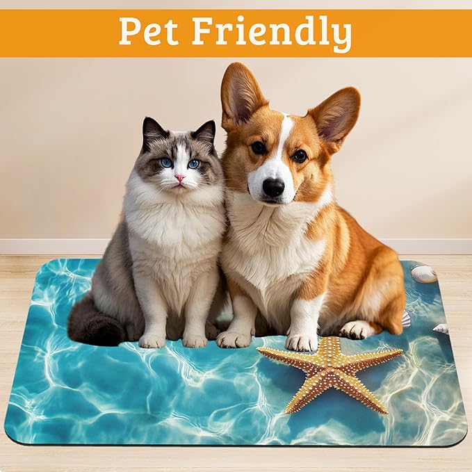 Starfish Shells Dog Cat Food Mat, Sea Beach Absorbent Waterproof Placemat - Image 2