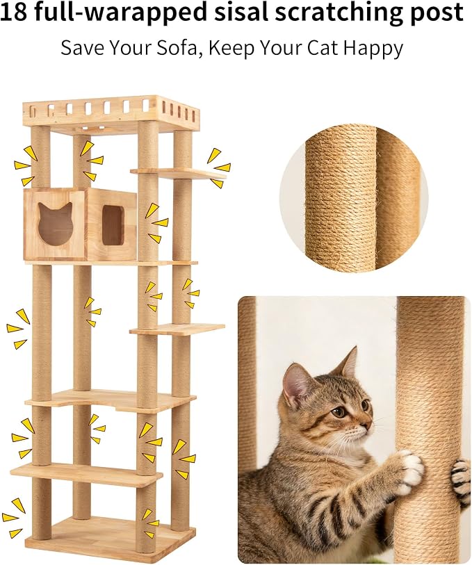 74" Wooden Cat Tree Tower for Large Cats, Cat Condo & Hammock, Natural Wood Cat - Image 4