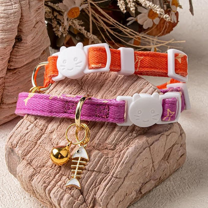 2 Pack Cotton Breakaway Cat Collar Orange and Purple Fish Pendant Cute Kitten - Image 5