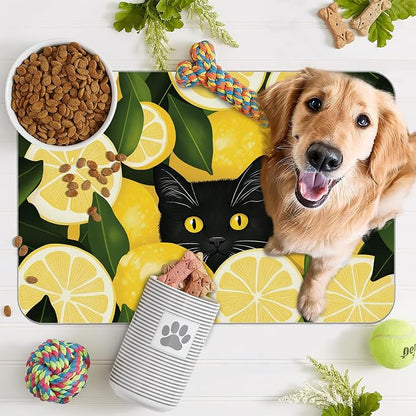 Black Cat Funny Dog Food Mat for Floors, Lemon Absorbent Pet Food and Water - Image 7