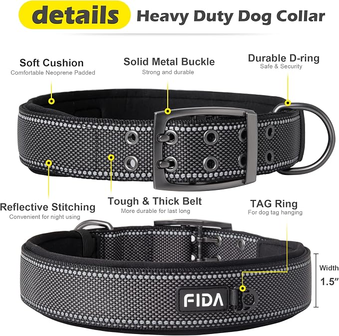 Fida Heavy Duty Dog Collar 1.5” Width, Ultra Soft Neoprene Padded, Adjustable - Image 3