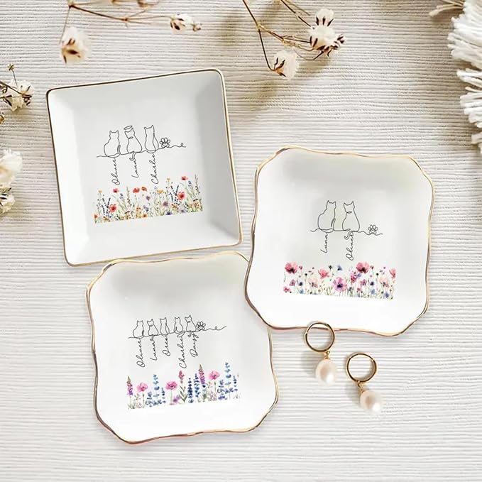 Personalized Pet With Name Jewelry Dish, Custom Cat Floral Ring Dish, Kitty - Image 5