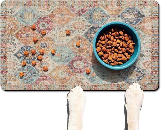 Moroccan Trellis Dog Food & Water Mat, Mexican Talavera Boho Colorful Pet - Image 2
