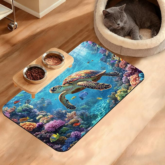 Sea Turtle Dog Cat Food Mat, Colorful Coral Absorbent Waterproof Placemat by Unknown