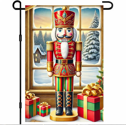 Christmas Garden Flag 12x18 Inch Nutcracker Soldier Decor Gift Box Snowy Pine by BlissYard