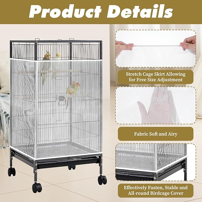 White Bird Cage Seed Catcher Adjustable Soft Birdcage Cover Reusable Nylon Mesh - Image 3