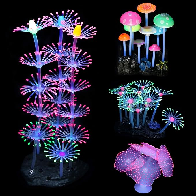 Lpraer 4 Pack Glow Aquarium Decorations Coral Reef Glowing Mushroom Anemone by Lpraer